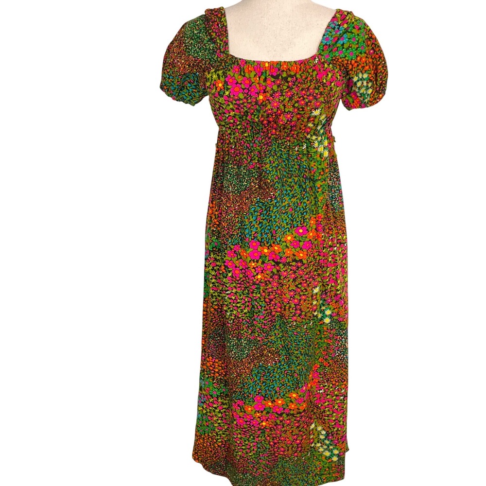 Handmade Daisy 70s Dress Women XXS Floral Maxi Square Puff Peasant Boho Hippie‎